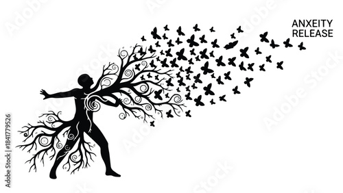Black silhouette of a person with tree roots and birds flying out, symbolizing anxiety release and freedom in a conceptual illustration