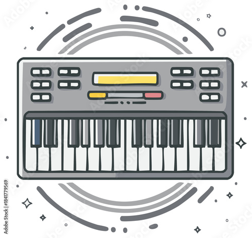 Digital synthesizer keyboard musical instrument in a flat color line art illustration.
