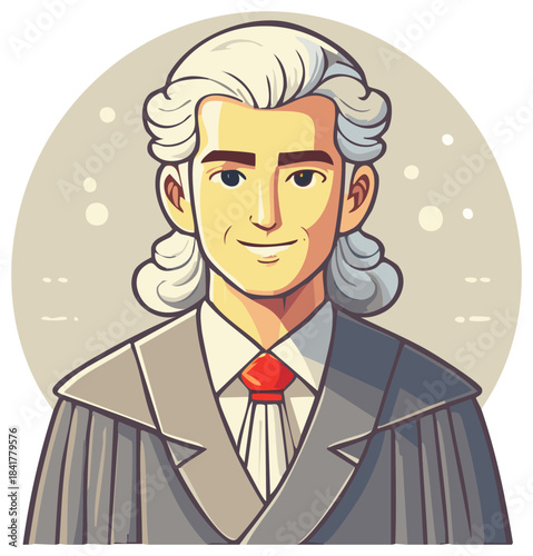 Illustration of judge with grey powdered wig wearing judicial robes, portrait