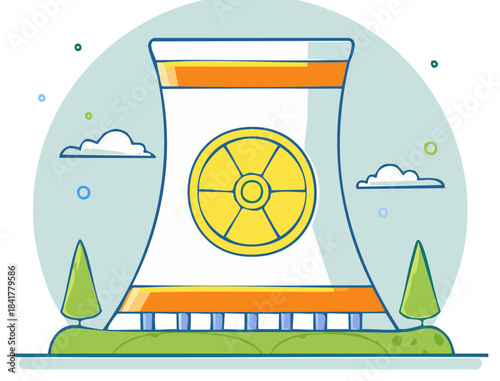 Nuclear power plant cooling tower illustration with radiation symbol green energy concept