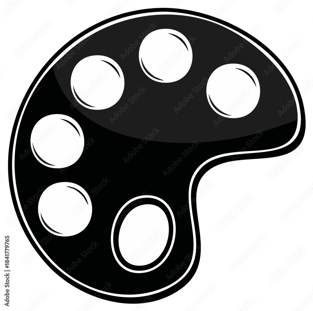 Fototapeta premium Painter's black color palette with white paint, vector drawing, artistic tool, six paints