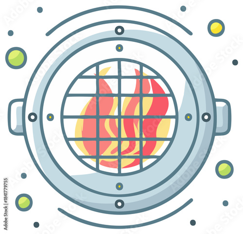 Round porthole with fire flames through a metal grid, vector illustration for design