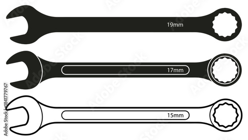 Combination Wrench Illustration – Solid Black, Outlined Styles for Tool Design, Graphic Reference, Industrial Art, Mechanical Drawing, and Engineering Visuals in Technical Projects