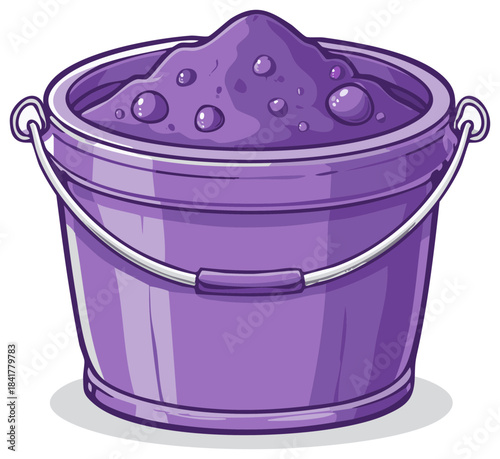 Vibrant purple beach bucket filled with damp sand and water droplets cartoon illustration