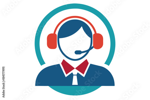 Blue avatar with headset and mic inside a teal circle creates a clean interface
