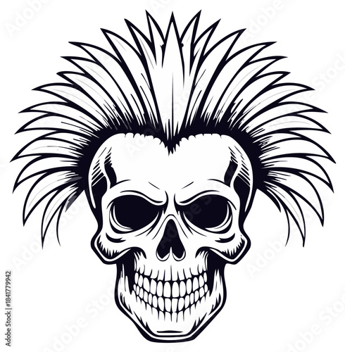 Stylized Skull with Mohawk Crest, Monochrome Illustration for Design, Emblem, or Tattoo Art