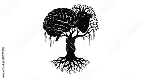 Symbolic tree with brain and heart, representing thoughts and emotions, on white background, conceptual illustration for mental health and wellness
