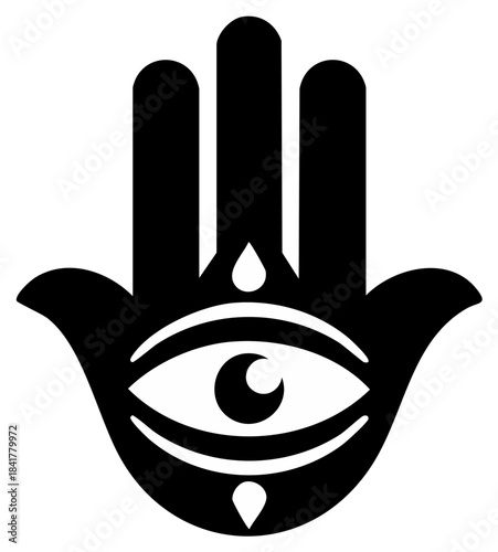 Hamsa Hand with Eye, Spiritual Symbol, Black Graphic on White Background