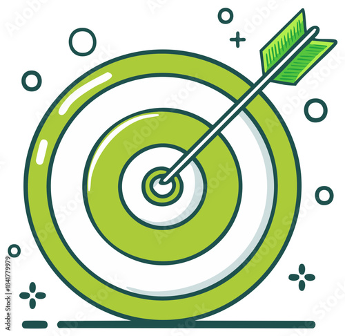 Green target with arrow hitting the center bullseye in a flat, vector illustration