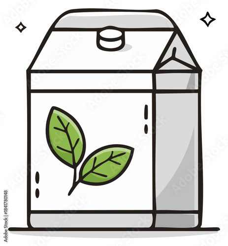 Cartoon milk or juice carton with leaves illustration for vegan drinks marketing
