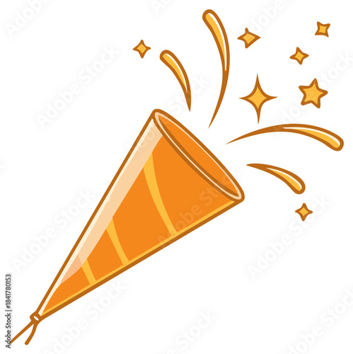 Festive orange party popper emitting stars and confetti, illustration of celebration icon