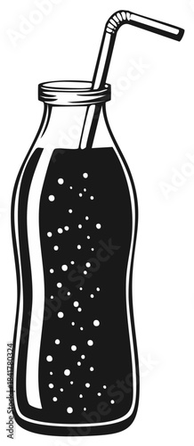 Refreshing carbonated beverage in glass bottle with bent straw vector illustration