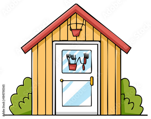 Charming cartoon garden shed with tools hanging on the door and a bucket