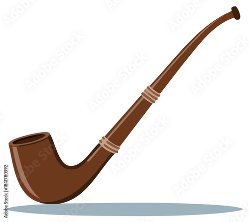 Classic long stem wooden smoking pipe illustration. Vintage brown churchwarden tobacco pipe icon.