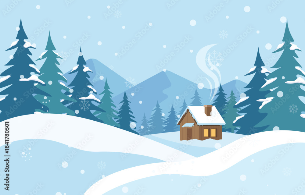 Naklejka premium Winter Landscape with Wooden Cabin and Snowy Forest Vector