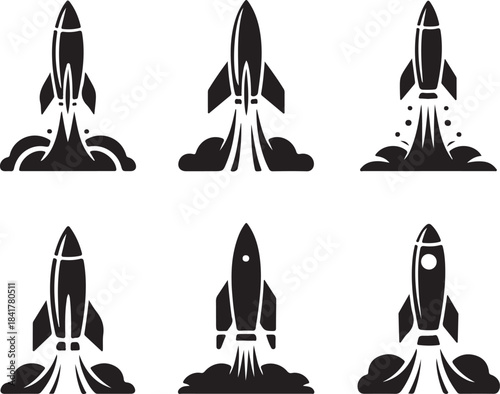 Minimalist vector illustration of six rocket launch silhouette icons arranged in a clean modern layout