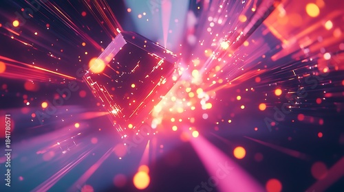 Abstract digital cube with glowing light trails and particle effects.