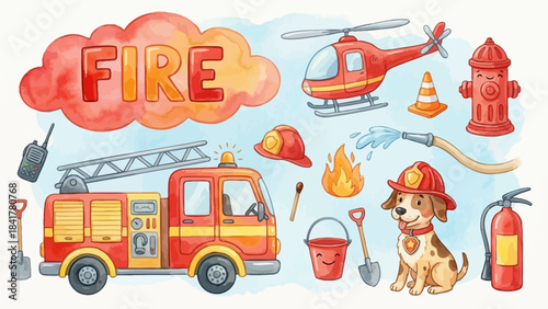 Vector Firefighting Illustration – Fire Truck, Helicopter, Tools, Dog, and Safety Icons for Kids’ Education, Emergency Graphics, and Fire Awareness Design