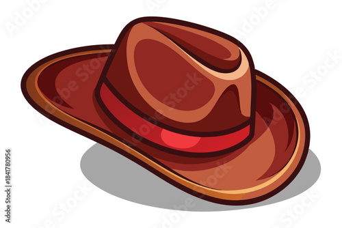 A shaded brown cowboy hat with a red band sits angled on white