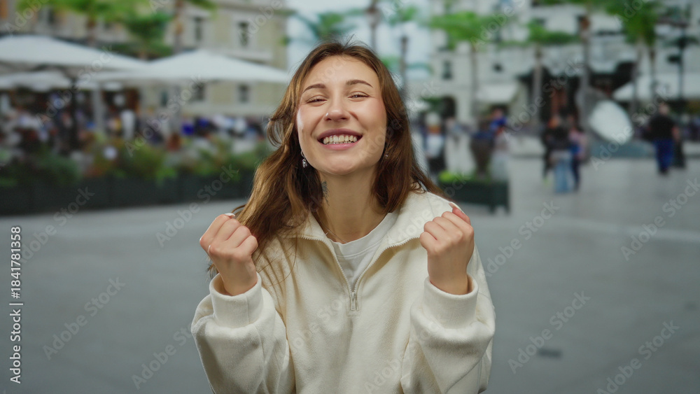Fototapeta premium Woman celebrating on a city street with a bright smile, wearing a white sweater, conveying joy and happiness amidst the urban outdoor setting, surrounded by people and buildings.