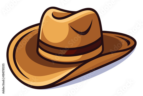 A stylized brown cowboy hat casts a shadow on a bright white surface
