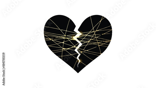 Broken heart symbol, cracked gold lines on black background, shattered love concept, heartbreak and sadness illustration