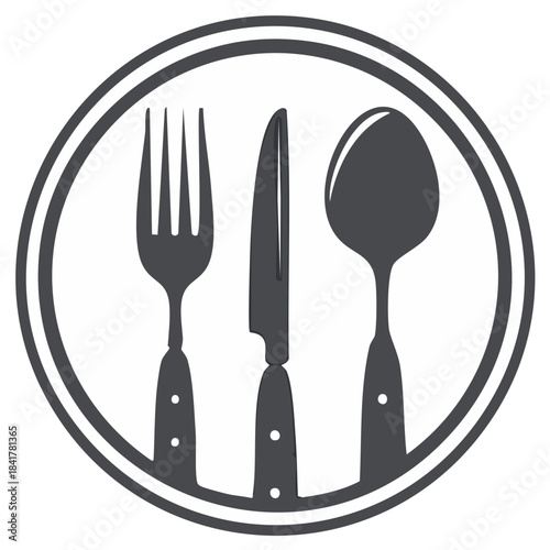 Cutlery Set Within Circle Illustration of Fork Knife and Spoon Utensils Eating Tools Kitchen Items