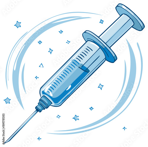 Stylized cartoon illustration of a medical syringe with a sparkling blue vaccine