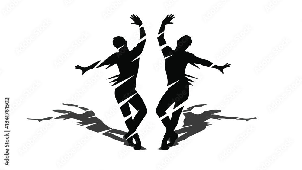 Obraz premium Silhouette of two happy people jumping in air with arms raised in celebration on white background, joyful freedom and excitement concept
