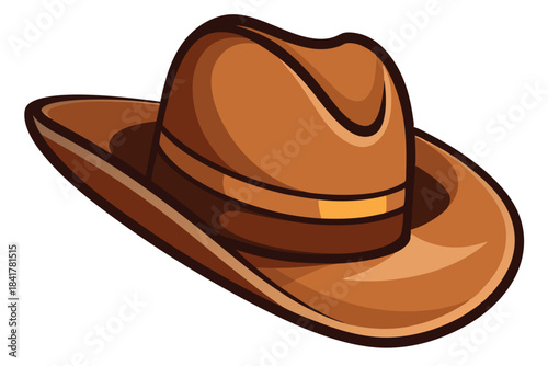 Brown cowboy hat with golden ribbon is depicted against a plain white background
