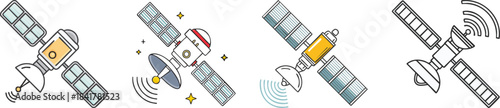 Satellite outline illustration showing communication device with minimal clean structure and bold technical line art