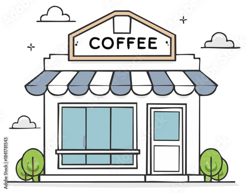 Cute doodle coffee shop building storefront with striped awning trees and clouds