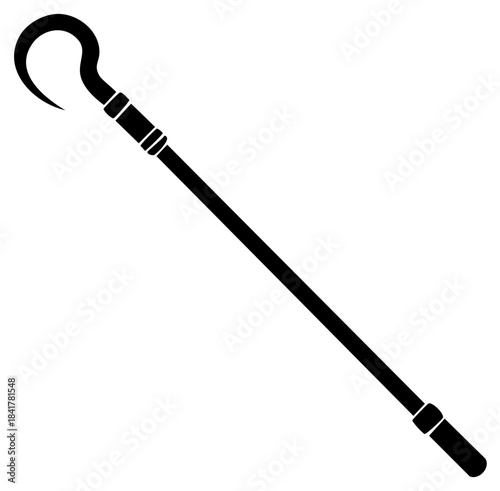 Black crook staff icon with curved head, ancient symbol of power and authority, leadership emblem