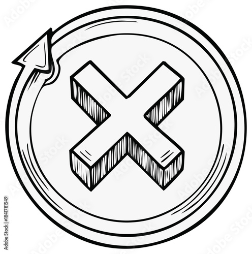 Hand-drawn cancel symbol inside a circle with an arrow. Decorative vector.