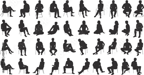 Diverse silhouettes of men and women sitting on chairs showing relaxed, casual and thoughtful poses for creative artwork, concept design, vector illustration