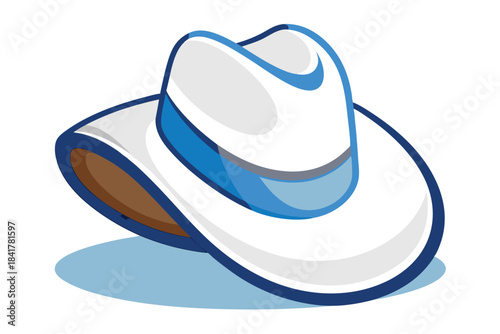 A stylish white fedora with blue ribbon and brim rests at angle
