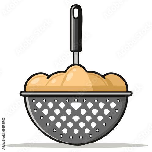 Cartoon colander scooping food, isolated on white with shadow. Cooking tool illustration.
