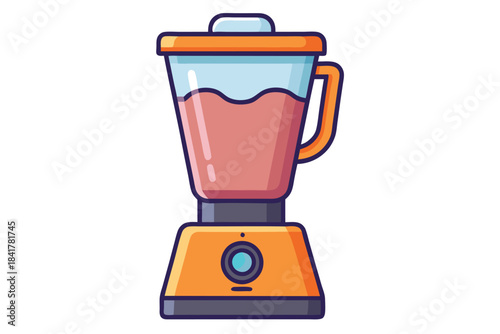 An orange blender contains pink liquid; a blue button is on its base