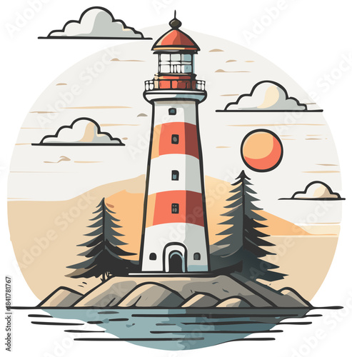 Stylized illustration of a lighthouse on a rocky island with trees and the sun.
