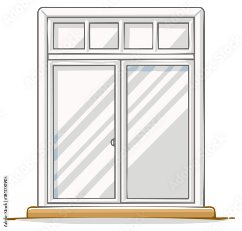 White double window with four top pane squares and a wooden sill, cartoon style.