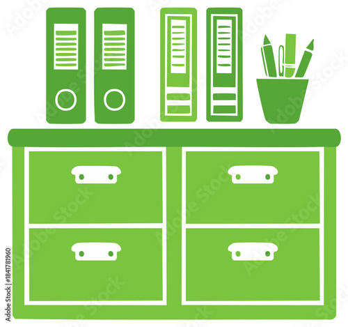 Green office supplies illustration featuring a filing cabinet folders and pen holder for organization