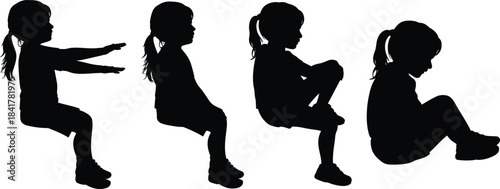 Child silhouette posture illustration, seated and squatting positions, movement study, body mechanics, physical activity, expressive poses, vector graphic