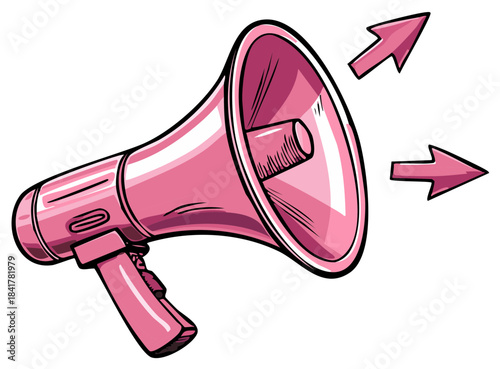 Pink cartoon megaphone with arrows pointing right, symbol for announcement
