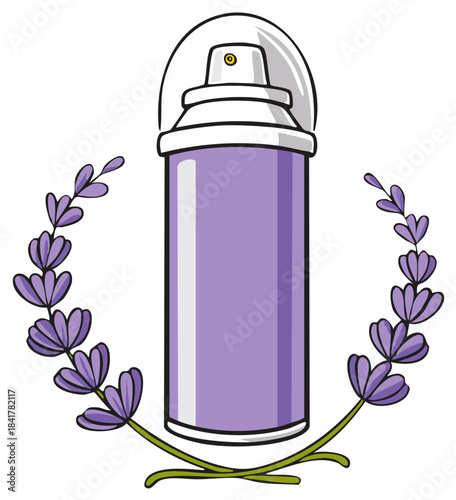 Lavender scented air freshener aerosol spray can with flower sprigs vector illustration