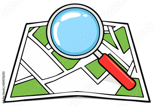 Magnifying glass over a cartoon map with streets and green areas, highlighting search and discovery
