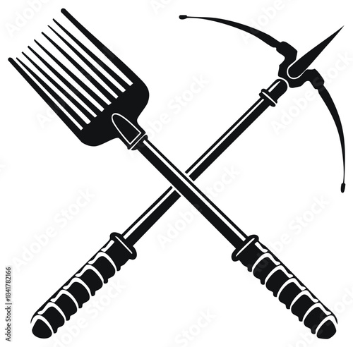 Crossed pitchfork and pickaxe icon representing agriculture mining and working class labor.