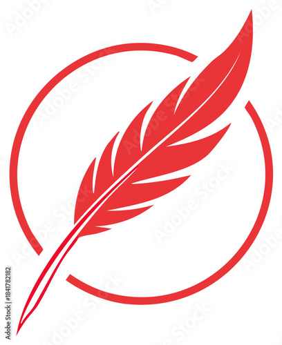 Red feather pen inside a red circle logo, symbol of writing, literature, and creativity