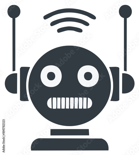 Friendly cartoon robot head with antennae and wireless signal icon