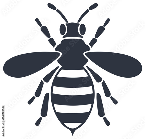 Stylized dark insect with striped abdomen and delicate wings flying forward