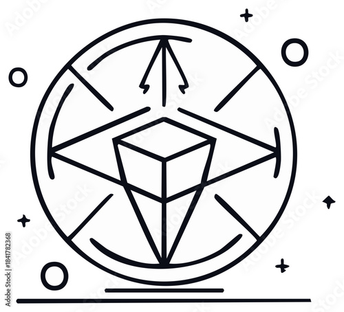 Stylized geometric cube emblem with directional arrows and celestial elements